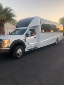 Scottsdale White Wedding Party Bus - exterior driver side
