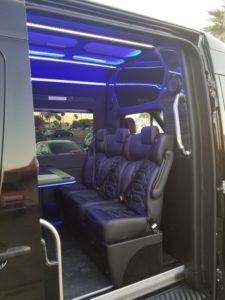 Scottsdale Party Bus Sprinter interior blue light from driver side door